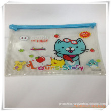 Cat Cartoon Mesh and PVC Zipper Pencil Bag/Case for Promotion